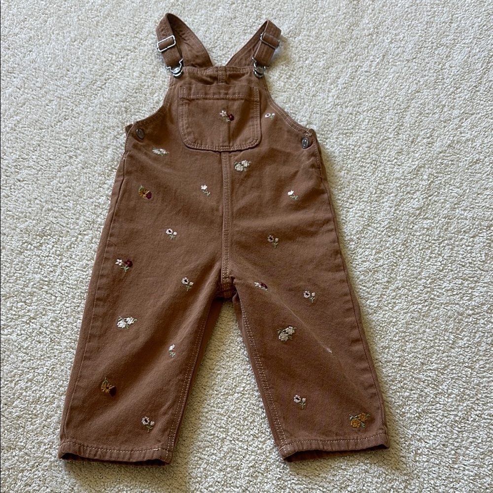 Zara Brown Kids Overalls with Floral Embroidery